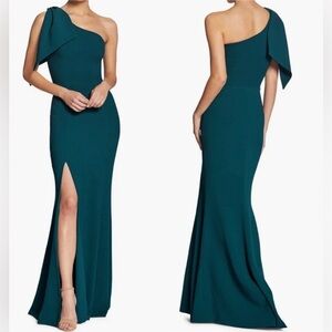 NWOT DRESS THE POPULATION Georgina One-Shoulder Crepe Gown in Pine XL